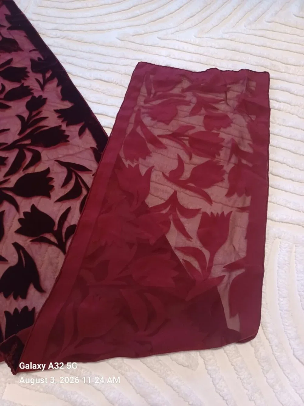 Women's Burgundy Velvet Floral Burnout Scarf